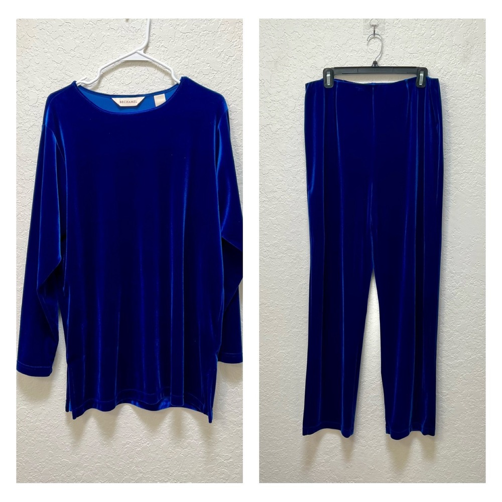 Royal Blue Stretch Velvet 2 Piece Tunic and Pants Set Size M Co-ord Loungewear